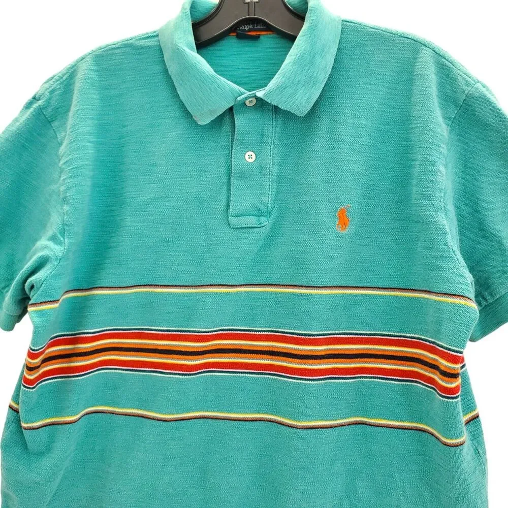 Ralph Lauren POLO Shirt Mens Medium Teal Multicolor Striped Casual Preppy Travel